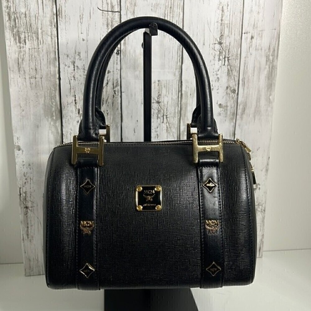 MCM Black Textured Leather Dome Satchel with Gold Hardware